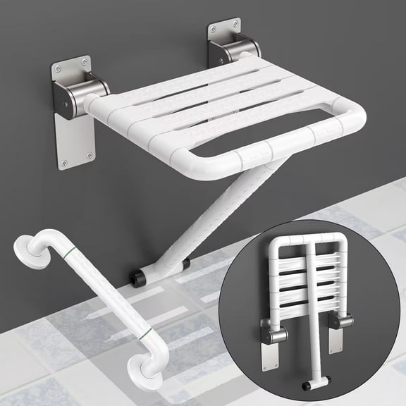 Folding Shower Seat White 14.5x 13.4 Inch , Wall Mounted Stainless Steel Shower Seats for Bathroom, Fold Down Shower Chair Shower Bench w/ Assist Garb Bar for Handicap Elderly Injury Senior