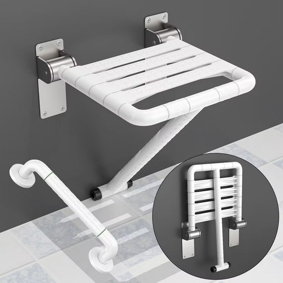 Folding Shower Seat White 14.5x 13.4 Inch , Wall Mounted Stainless Steel Shower Seats for Bathroom, Fold Down Shower Chair Shower Bench w/ Assist Garb Bar for Handicap Elderly Injury Senior