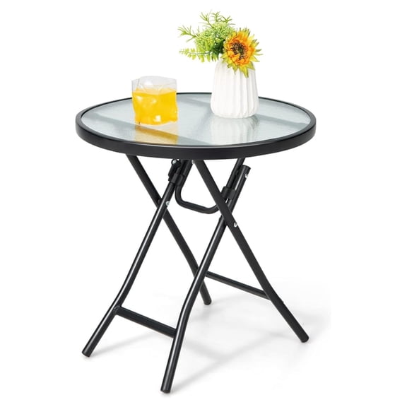 Folding Side Table, 18" x 18" x 18.5" Round Patio Table with Tempered Glass & Rustproof Steel Frame, Foldable End Table for Indoor Living Room Outside Porch Garden