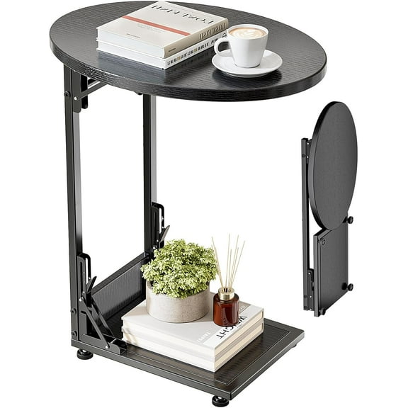Folding Side Table End Couch Tables, C-Shaped End Table for Living Room, Small End Table for Bedroom, Coffee Table (Black)