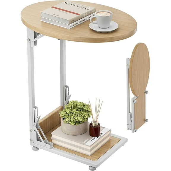 Folding Side Table End Couch Tables, C-Shaped End Table for Living Room, Small End Table for Bedroom, Coffee Table(Nature Wood Color)