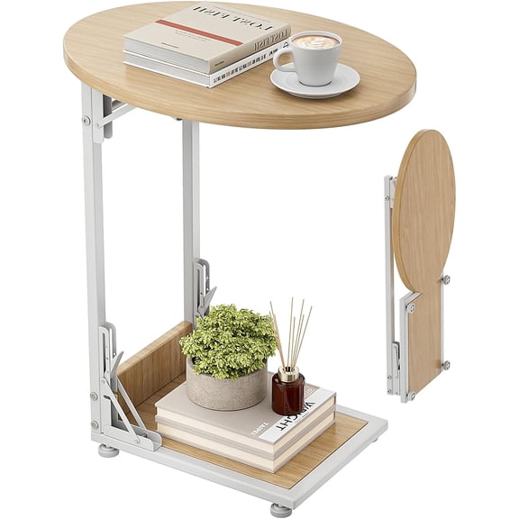 Folding Side Table End Couch Tables, C-Shaped End Table for Living Room, Small End Table for Bedroom, Coffee Table(Nature Wood Color)