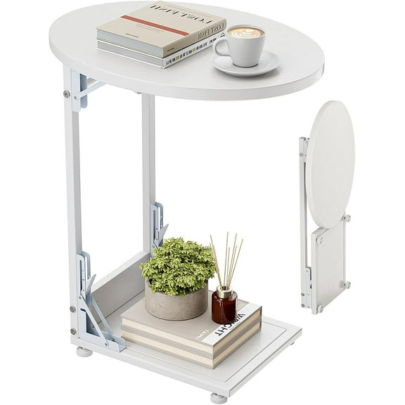 Folding Side Table End Couch Tables,Metal Frame C-Shaped TV Stand for Living Room, Bedroom, Coffee Table(White)