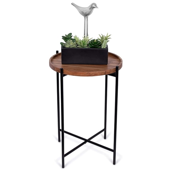 Folding Side Table with Removable Wood Tray - Modern Accent, Foldable End Table for Living Room, Bedroom - Portable Serving Tray for Decoration, Coffee, Drinks & Food - Natural