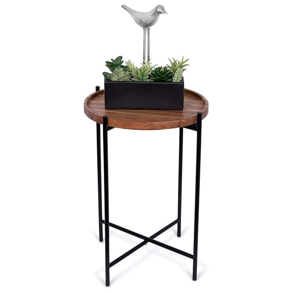 Folding Side Table with Removable Wood Tray - Modern Accent, Foldable End Table for Living Room, Bedroom - Portable Serving Tray for Decoration, Coffee, Drinks & Food - Natural