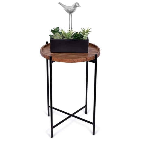 Folding Side Table with Removable Wood Tray - Modern Accent, Foldable End Table for Living Room, Bedroom - Portable Serving Tray for Decoration, Coffee, Drinks & Food - Natural