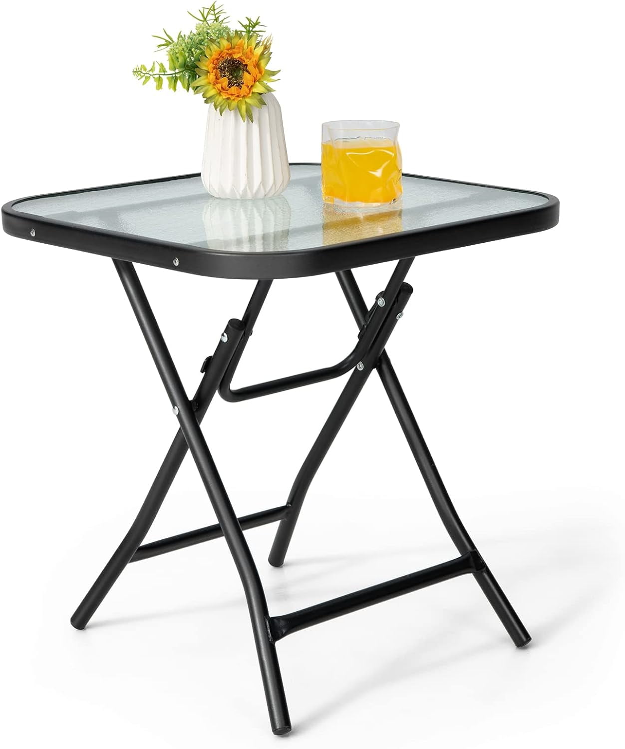 Folding Side Table, Round Small Patio Table, Tempered Glass Tabletop ...