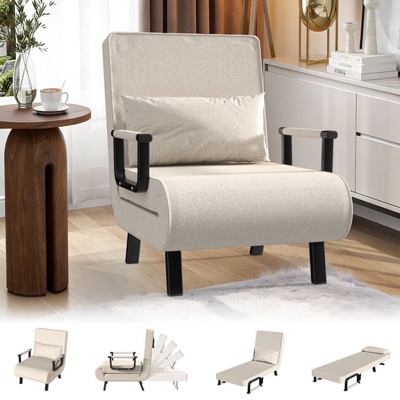 YLGJ&TIDY Folding Sleeper Chair, 6-Position Adjustable Backrest, Single Upholstered Sofa, Linen Fabric, Twin Bed Size, Living Room Office, Beige