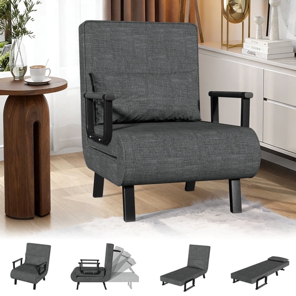 YLGJ&TIDY Folding Sleeper Chair, 6-Position Adjustable Backrest, Single Upholstered Sofa, Linen Fabric, Twin Bed Size, Living Room Office, Gray