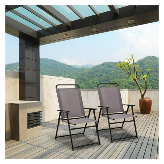 Folding Sling Chairs with Armrests - Outdoor Patio Dining Chairs, Gray - Heavy Duty 330lbs Capacity, Portable, Space Saving, No Assembly, Comfortable Fabric Seat & Back