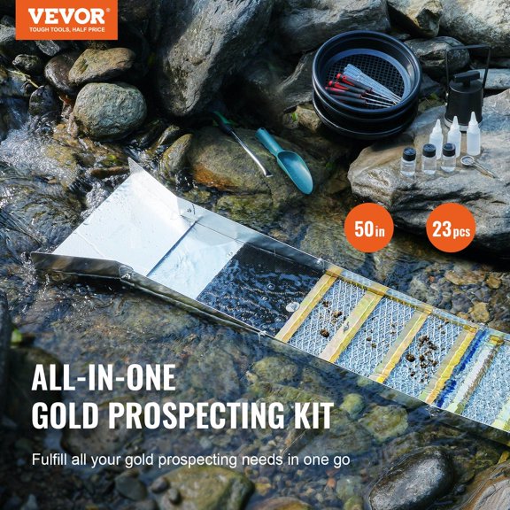 Folding Sluice Box Gold Panning Kit,50"23pc Gold Prospecting Equipment Kit with Gold Pan,Classifier Screen,Separating Magnet,Backpack and More