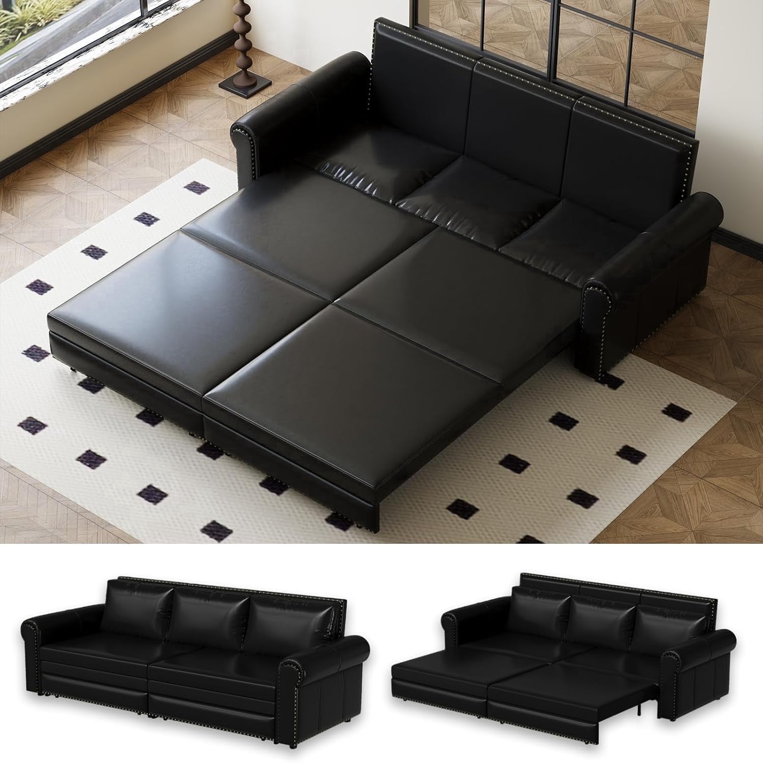 Folding Sofa Bed, 3-in-1 King Convertible Sleeper Sofa, Pull Out Futon Sofa Bed, Chesterfield Sofa with Nailhead Trim & Rolled Arm, Floor Couch for Living Room, Faux Leather