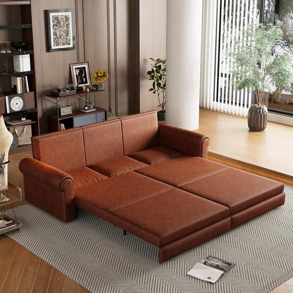 REHOUSING Chesterfield Faux Leather Folding and Reclining Sleeper Sofa with Nailhead Trim and Rolled Arm, Brown
