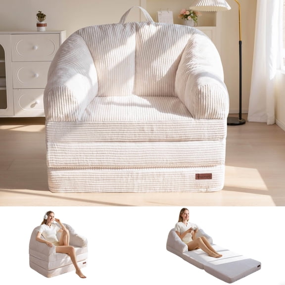 Folding Sofa Bed with Backrest, Boneless Fold Out Couch Bed with Handle, 2 in 1 Convertible Bean Bag Chair to Floor Sofa Lounger, Comfy Folding Couch for Bedroom & Living Room, Beige