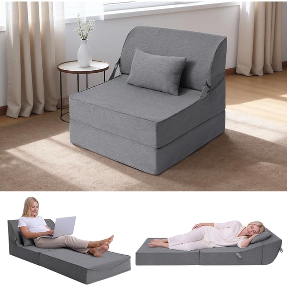 Folding Sofa Bed Chair, Convertible Sleeper Chair Futon Couch, Foldable Boneless Floor Lounge Sofa, Single Foam Chair Bed for Small Spaces, Dorm, Guest Room, Living Room, Apartment, Grey