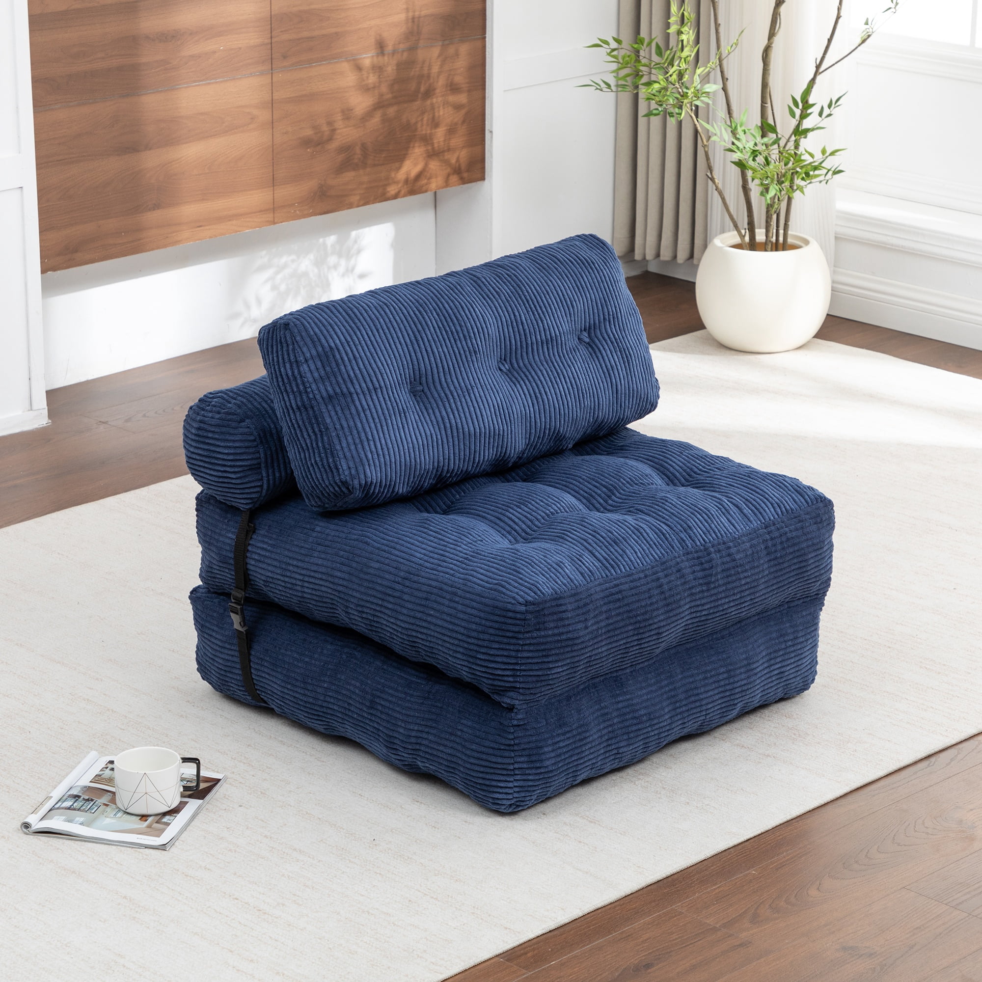 Folding Sofa Bed Chair with Pillow, Convertible Sleeper and Foldable Floor Mattress with Back Support for Living Room and Dorm, Dark Blue