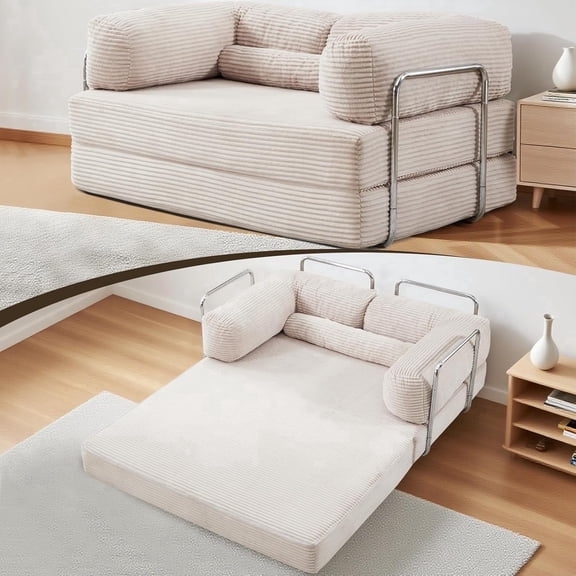 Folding Sofa Bed Convertable Corduroy Couch for Living Room, Convertible Sofa with Fixed-Shape Frame , No Assembly Compression Foldable Sleeper