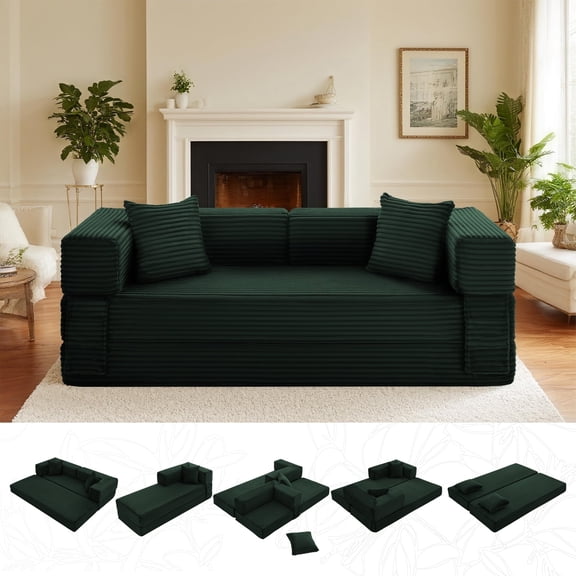 Folding Sofa Bed,Convertible Couch Bed with 3 Pillows,3-Seat Floor Sofa & Mattress,Modular Futon Couch for Living Room,Guest Room,Dorm,Home Office - No Assembly (Dark Green,79in)