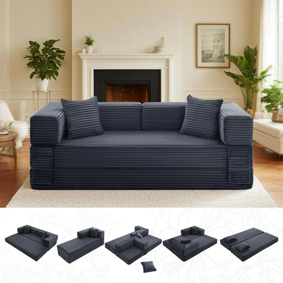 Folding Sofa Bed,Convertible Couch Bed with 3 Pillows,3-Seat Floor Sofa & Mattress,Modular Futon Couch for Living Room,Guest Room,Dorm,Home Office - No Assembly (Gray,79in)
