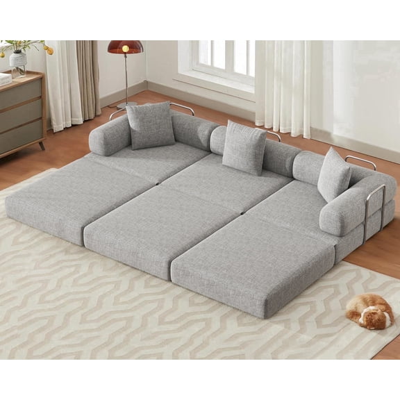 Folding Sofa Bed Convertible Foam Floor Sleeper Mattress Couch with Frame, 3-Seater Boneless Fold Out Sectional Futon Couch Bed for Living Room Bedroom (Chenille Gray)