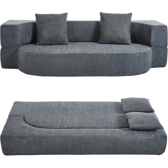 Folding Sofa Bed, Convertible Futon Sleeper Bed, 2-in-1 Foldable Floor Mattress with 2 Pillows, Breathable High-Density Foam Lazy Couch, Comfy Lounge Chair, Twin Size, Dark Gray