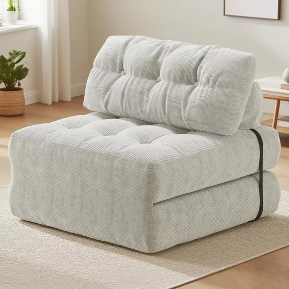 Folding Sofa Bed, Convertible Futon Sleeper Chair with Pillow, Portable Foldable Floor Couch with Back Support, Corduroy Single Sofa Bed for Living Room, Bedroom, Beige