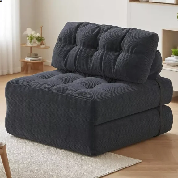 Folding Sofa Bed, Convertible Futon Sleeper Chair with Pillow, Portable Foldable Floor Couch with Back Support, Corduroy Single Sofa Bed for Living Room, Bedroom, Black