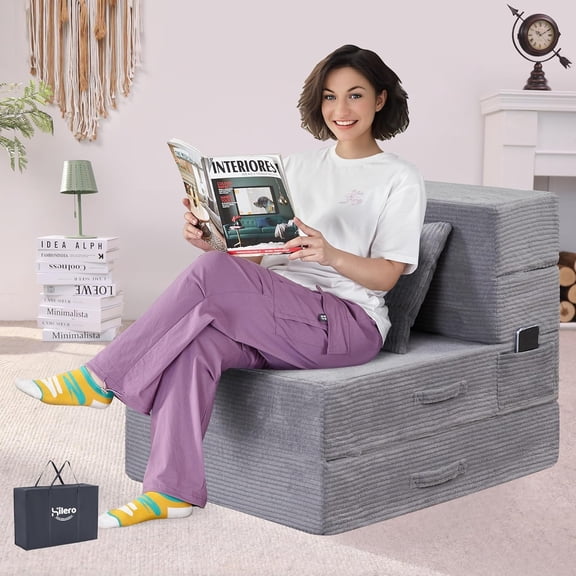 Folding Sofa Bed, Convertible Sleeper Chair Bed, Floor Sofa with Bag | Fold out chair bed/ couch bed, Foam floor futon sofa bed with pillow for guest/ visitor use as temporary floor bed, for adult