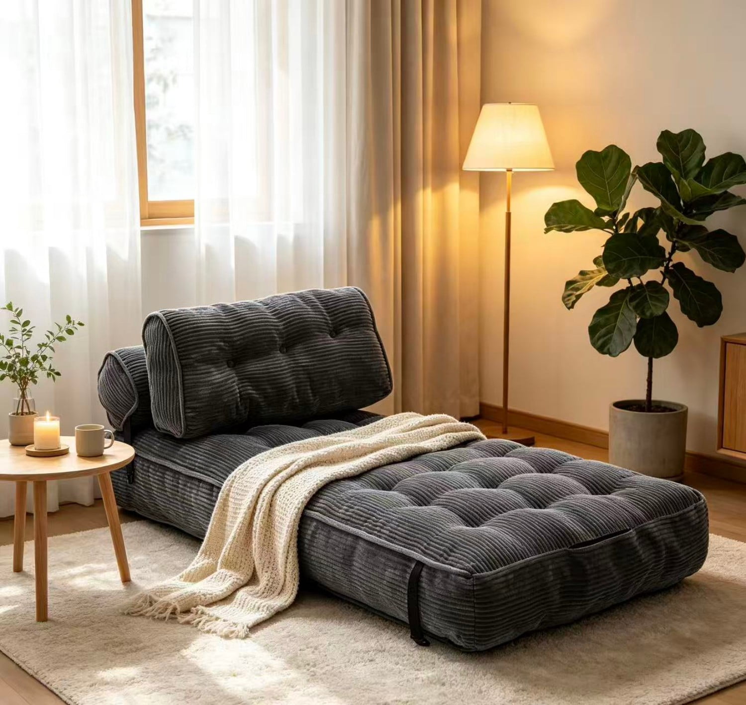 Folding Sofa Bed, Convertible Sleeper Chair Bed with Headrest & Lumbar Pillow, Foldable Floor Sofa Mattress for Living Room, Bedroom, Small Space, Grey