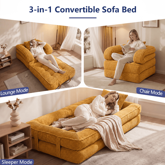 Folding Sofa Bed, Convertible Sleeper Chair Bed Lounge Chair, Versatile Foldable Futon Couch Floor Sofa with Pillow for Bedroom, Living Room, Comfy Corduroy Fabric