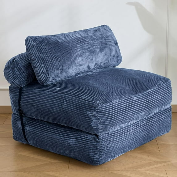Folding Sofa Bed,Convertible Sleeper Chair Bed with Pillow,Foldable Futon Couch Mattress with Back Support,Portable Lazy Floor Sofa Lounger, Navy, Single