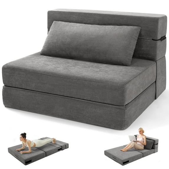 Folding Sofa Bed, Convertible Sleeper Chair with Pillow, Fold Out Couch, Foam Floor Mattress, Futon Couch, Lazy Sofa for Living Room/Dorm/Guest Room/Home Office, Twin, Grey