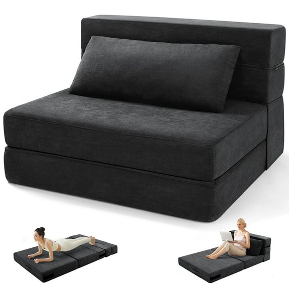 Folding Sofa Bed, Convertible Sleeper Chair with Pillow, Fold Out Couch, Foam Floor Mattress, Futon Couch, Lazy Sofa for Living Room/Dorm/Guest Room/Home Office, Twin, Dark Grey