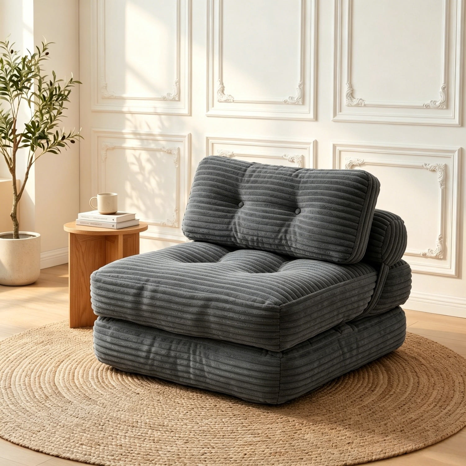 Folding Sofa Bed, Convertible Sleeper Chair with Pillow, Foldable Floor Couch Bed with Back Support, Portable Lounge for Living Room Bedroom, Dark Gray