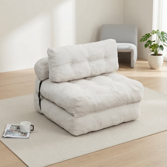 Folding Sofa Bed, Convertible Sleeper Chair with Pillow, Foldable Floor Mattress Couch, Portable Fold Out Chair Bed for Small Space Living Room, Beige