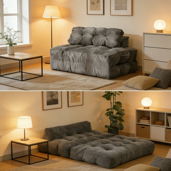 Folding Sofa Bed, Convertible Sleeper Chair with Pillow Foldable Mattress, Boneless Fold Out Chair Bed Comfy Floor Sofa Lounge for Living Room, Bedroom, Gray