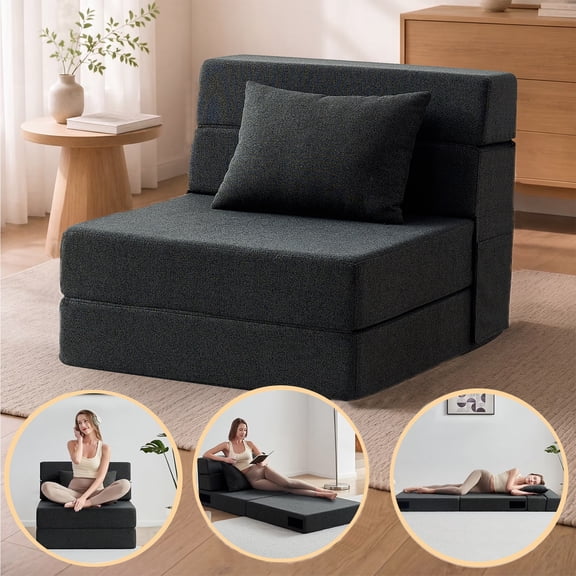 Folding Sofa Bed - Convertible Sleeper Chair with Pillow, Folding Chair Bed, Foam Floor Mattress, Futon Couch, Lazy Sofa for Living Room/Dorm/Guest Room/Home Office,SingleGray