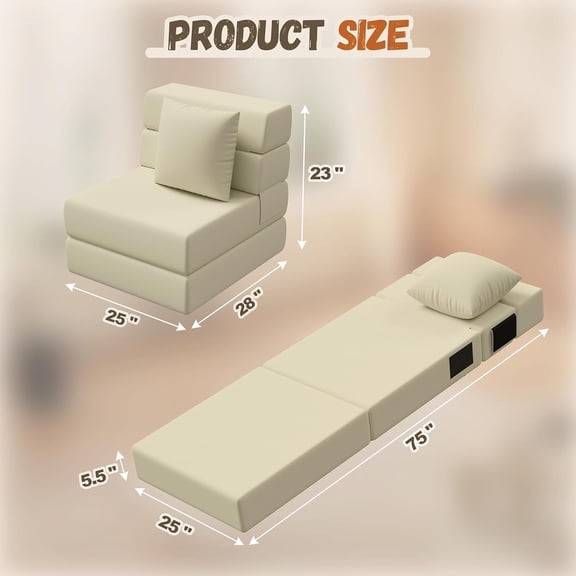 Folding Sofa Bed, Convertible Sleeper Chair with Pillow, High-Density Sponge Mattress for Living Room Office Dorm Beige Single