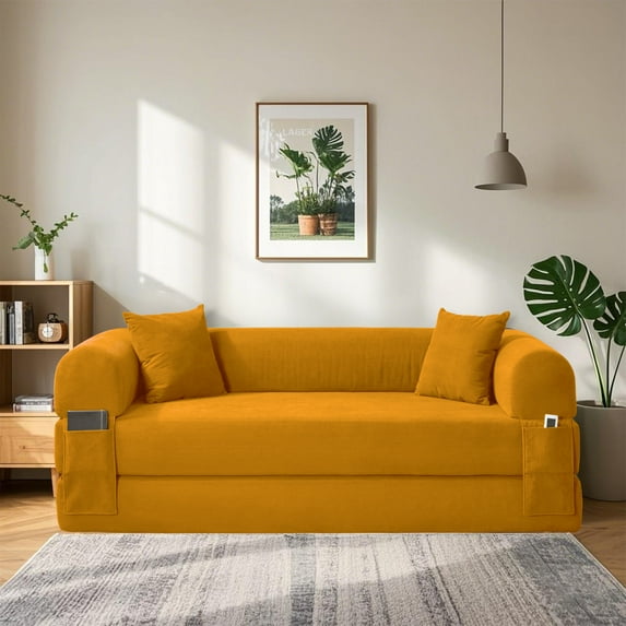 Folding Sofa Bed, Convertible Sleeper Floor Couch with 2 Pillows, Foldable Foam Mattress for Living Room/Dorm/Guest Room/Apartment/Small Space