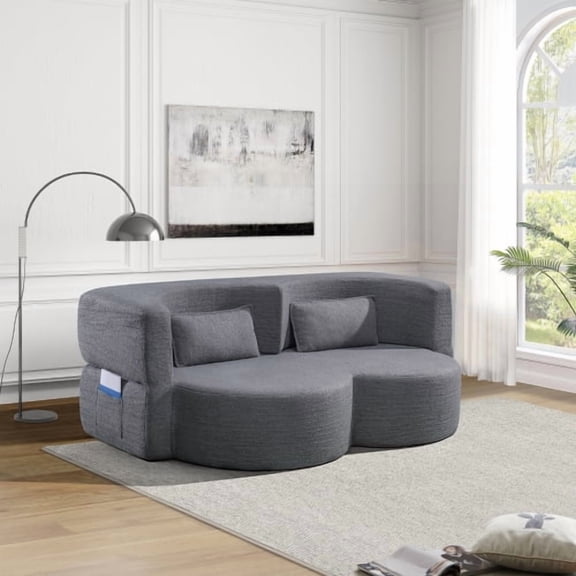 Folding Sofa Bed, Convertible Teddy Fabric Floor Sofa Sleeper Futon, Multi-Functional Foldable Double Sofa for Living Room Guest Office Apartment, Dark Grey