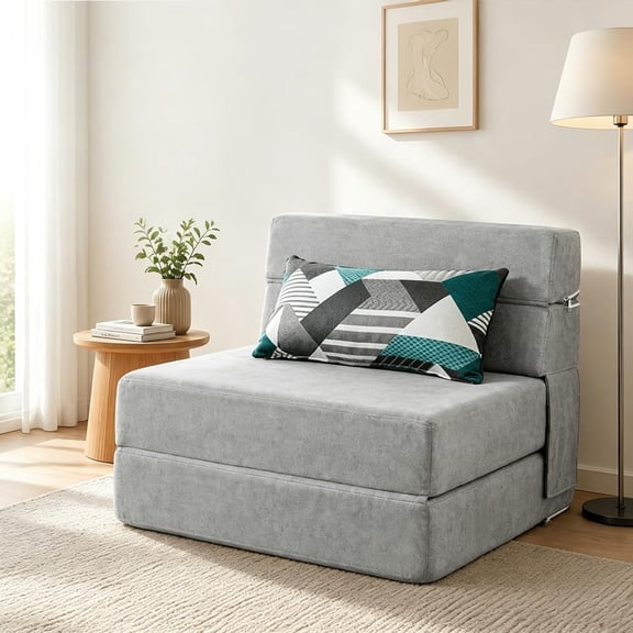 Folding Sofa Bed Couch Memory Foam Fold Out Chair Bed with Pillow, Single Size Convertible Sofa Bed Futon Sleeper Chair, Light Gray