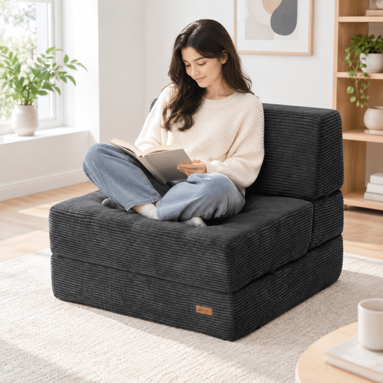 Folding Sofa Bed, Dark Grey, Single, 8-inch Fold-out Chair for Small ...