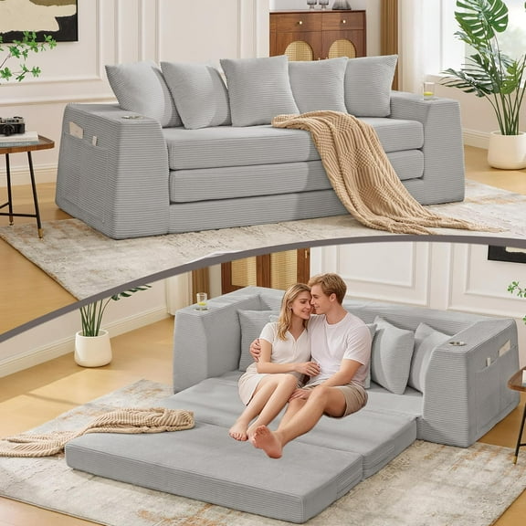 Folding Sofa Bed Full, 82.25" Foldable Boneless Sleeper Sofa, Comfy Corduroy Floor Futon Couch with Pull Out Bed, 2 Cup Holders, Storage Bag, 5 Pillows for Living Room, Lounge, Light Gray
