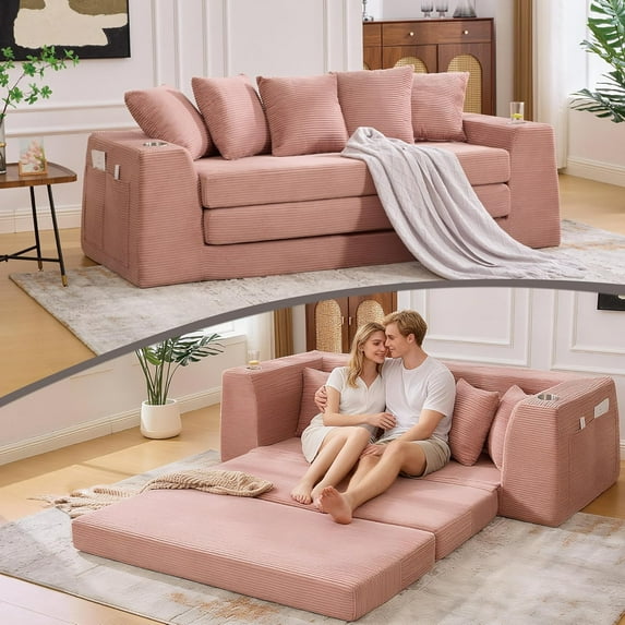 Folding Sofa Bed Full, 82.25" Foldable Boneless Sleeper Sofa, Comfy Corduroy Floor Futon Couch with Pull Out Bed, 2 Cup Holders, Storage Bag, 5 Pillows for Living Room, Bedroom, Lounge, Pink