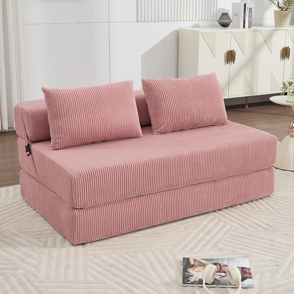 Folding Sofa Bed Full Size, 3-in-1 Convertible Sleeper Sofa, Corduroy Foldable Boneless Floor Futon Couch with Backrest & Pillows for Home Living Room Office Apartment Small Spaces, Pink