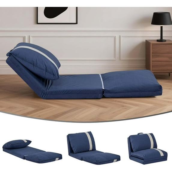 Folding Sofa Bed, Human Dog Bed for Adult with 6-Position Adjustable Backrest, Metal Frame & Handle, Lazy Floor Lounger for Living Room Bedroom, Apartment, Navy Blue