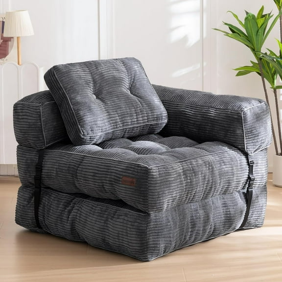 Folding Sofa Bed, L-Shaped Convertible Sofa Bed with Armrest Foldable Sleeper Sofa with Pillow, Portable Fold Out Chair Bed Comfy Floor Lounge for Living Room Bedroom, Dark Grey