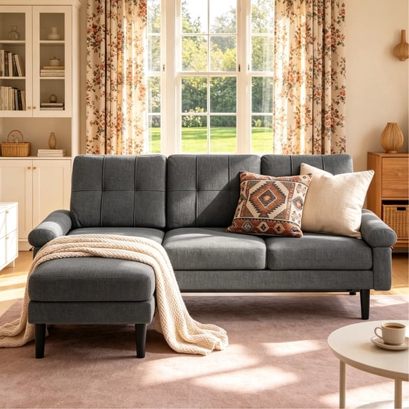 L-Shaped Couch, Lofka 80.3"3 Seat Sofa with Chaise, Soft Sleeper Couches for Living Room, Apartment and Small Space, Dark Grey Couch