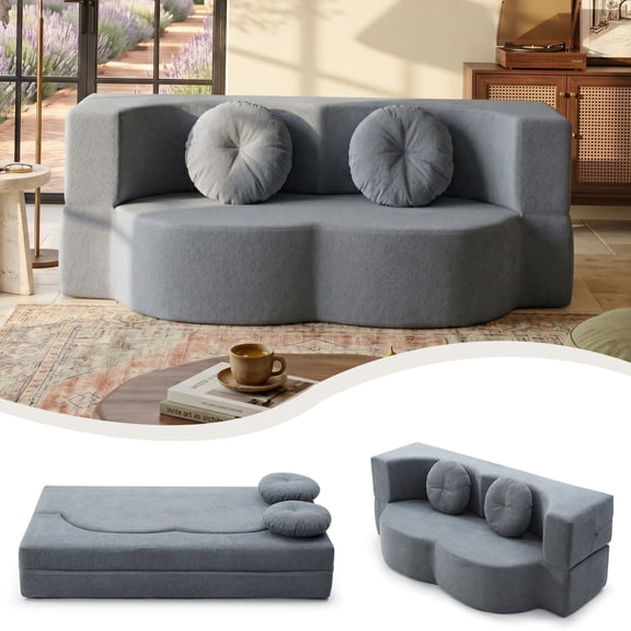 CKEASEAN 76" Convertible Folding Sofa Bed, Queen Sleeper Sofa with Pillow, Modern Teddy Fabric Floor & Futon Loveseat Couch, Foam Folding Mattress Sleeper for Living Room