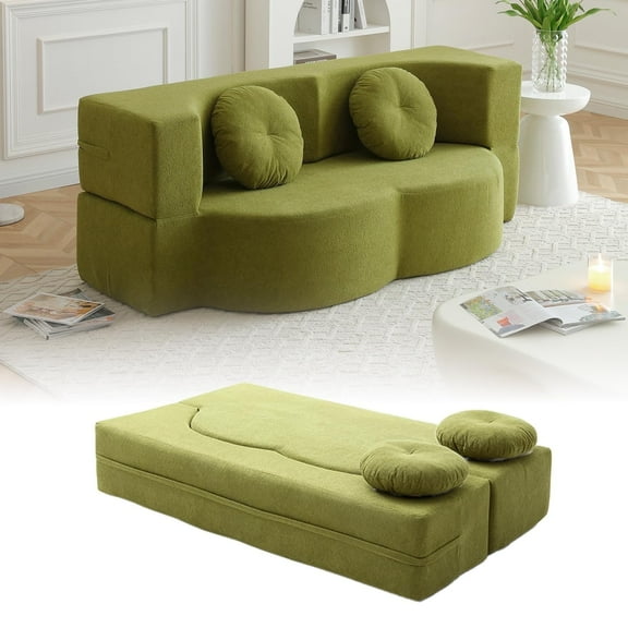 CKEASEAN 76" Convertible Folding Sofa Bed, Queen Sleeper Sofa with Pillow, Modern Teddy Fabric Floor & Futon Loveseat Couch, Foam Folding Mattress Sleeper for Living Room